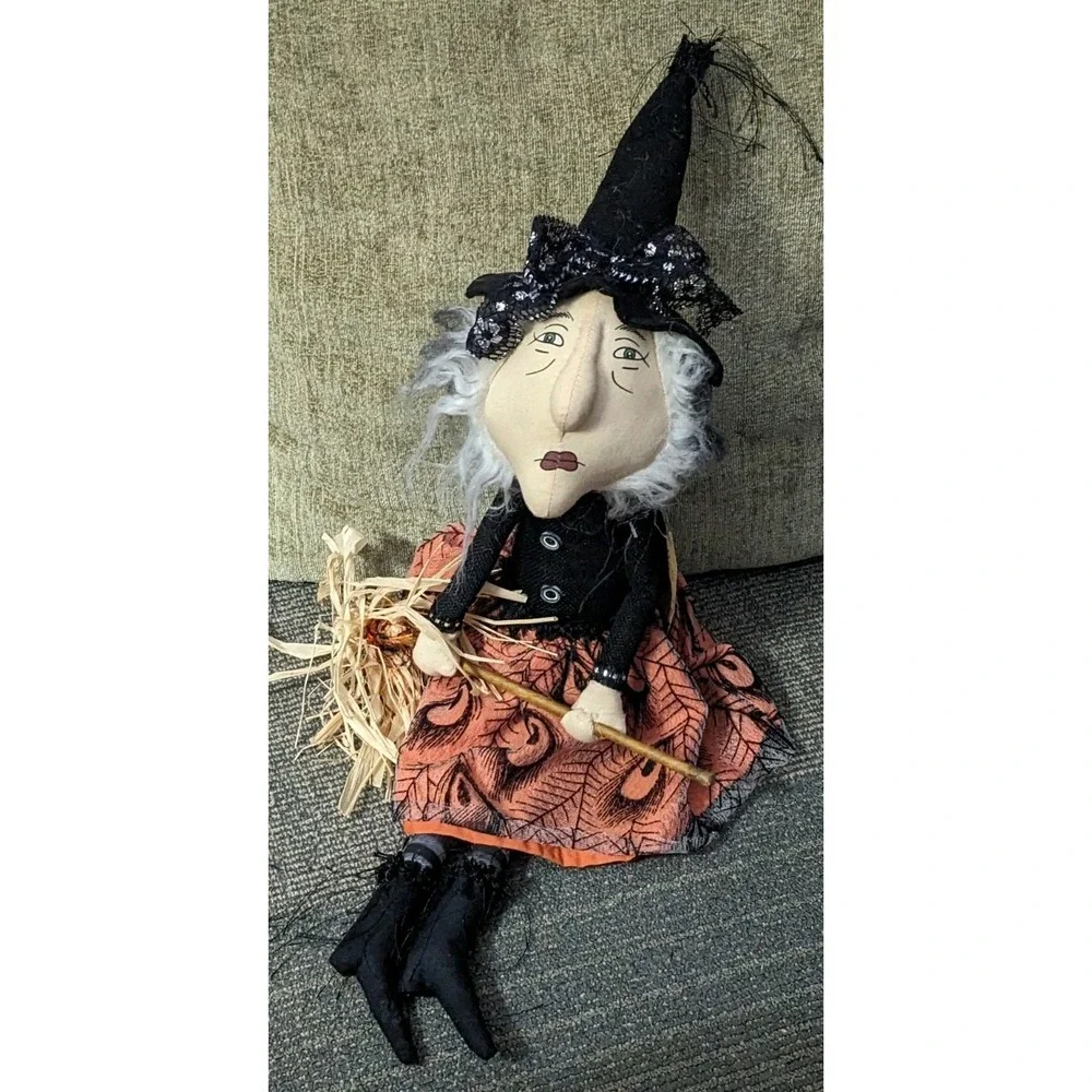 Witch Crafters Shelf Sitter Halloween Figure Black Orange Dress Broom Decor